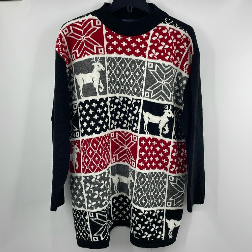 Vintage Maggie McNaughton 90’s Black Red knit Fair Isle Reindeer Sweater Size 1X